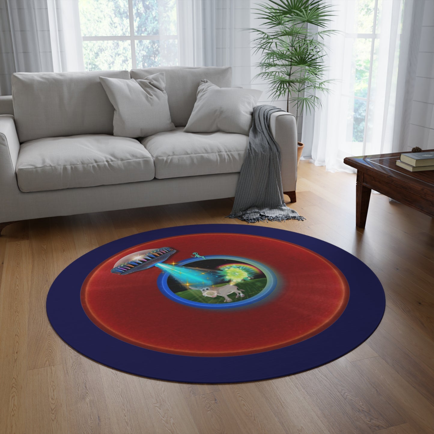 Round Room - 5 ft x 5 ft Lumpy Donut Rug - "Donut Rugs? In Tomahawk County?" - vivid red donut w/navy blue background - variant 1