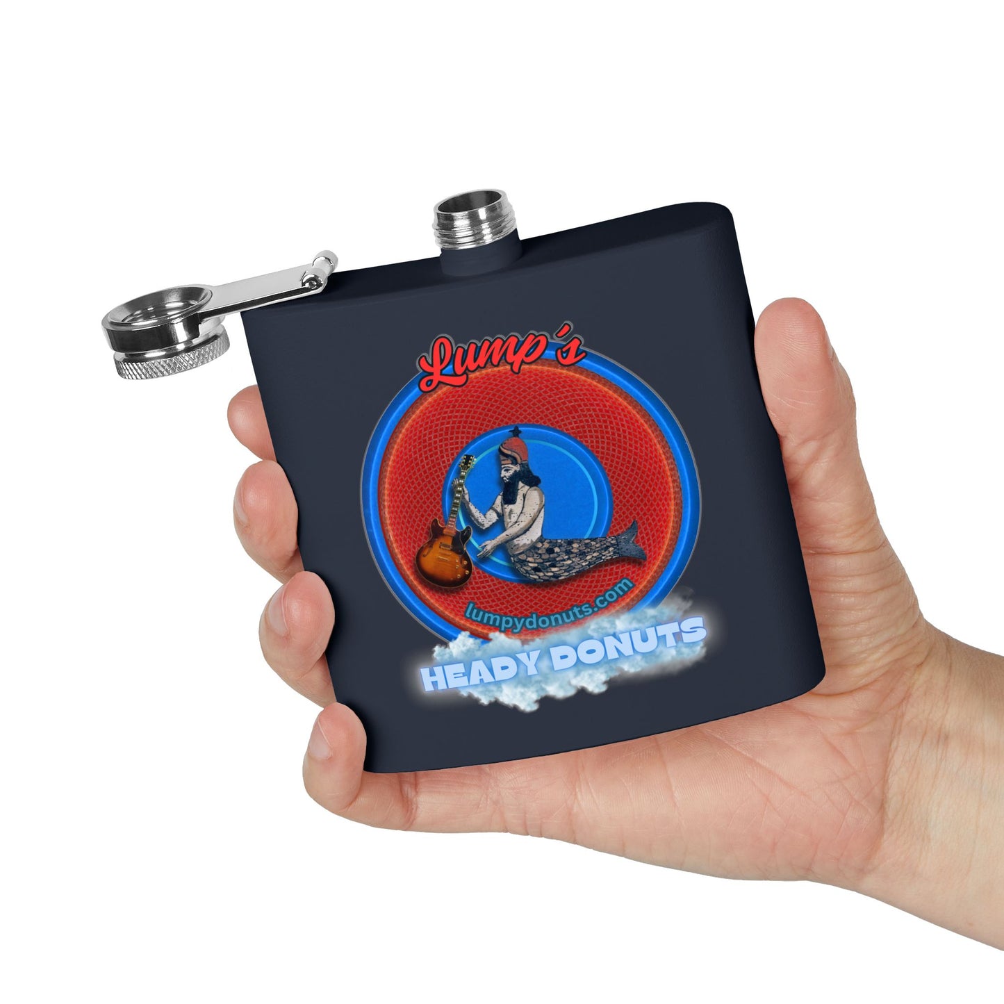 Lump's Donut Flask 6 oz -  "Lump's Heady Logo Flask" - red/blue rustic donut - [*w/your choice of 6 backgrounds]