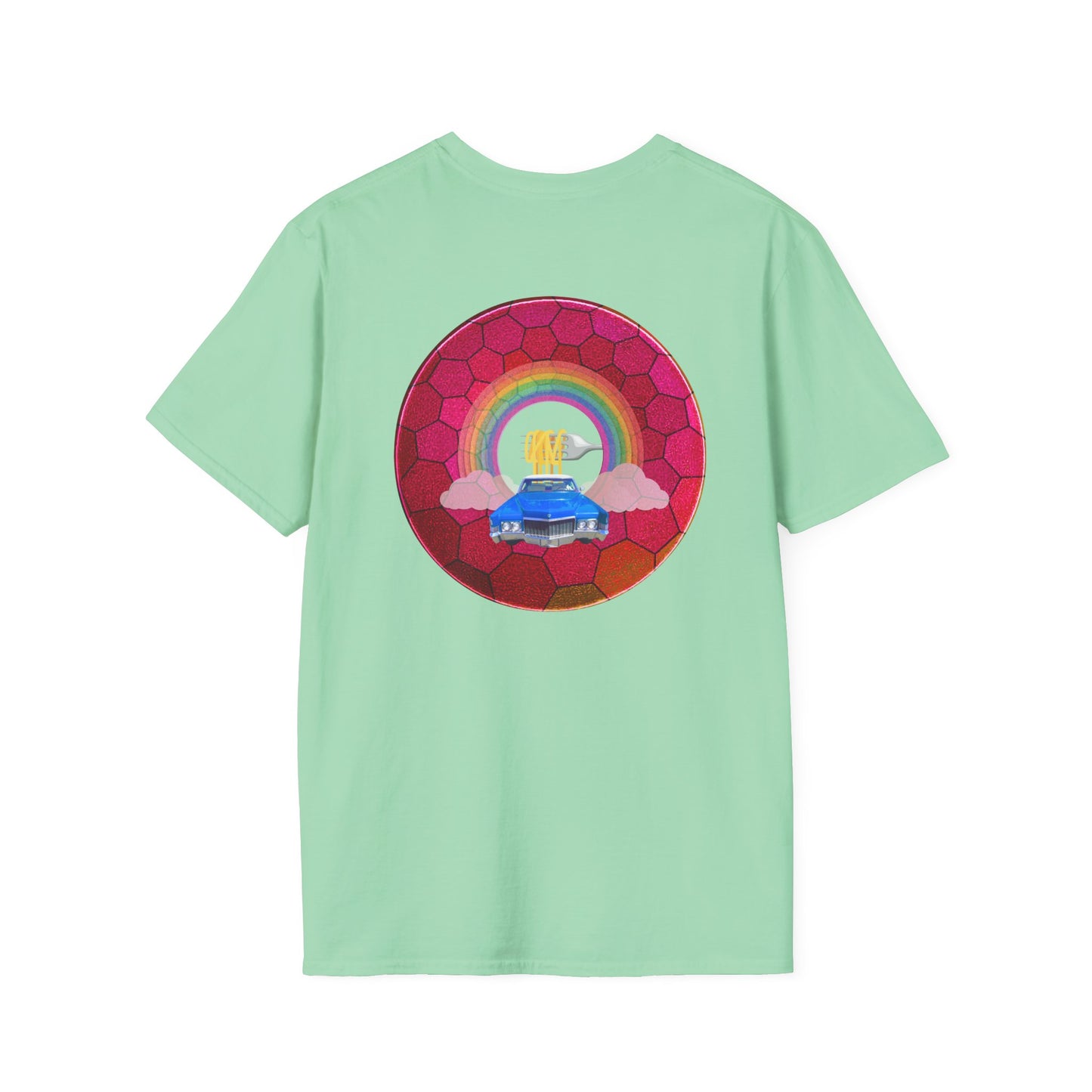 Classic Donut Tee - Unisex Soft-Style - "Cadillac Rainbows Donut Tee " - variant 2 - magenta hexadonut w/blue caddy