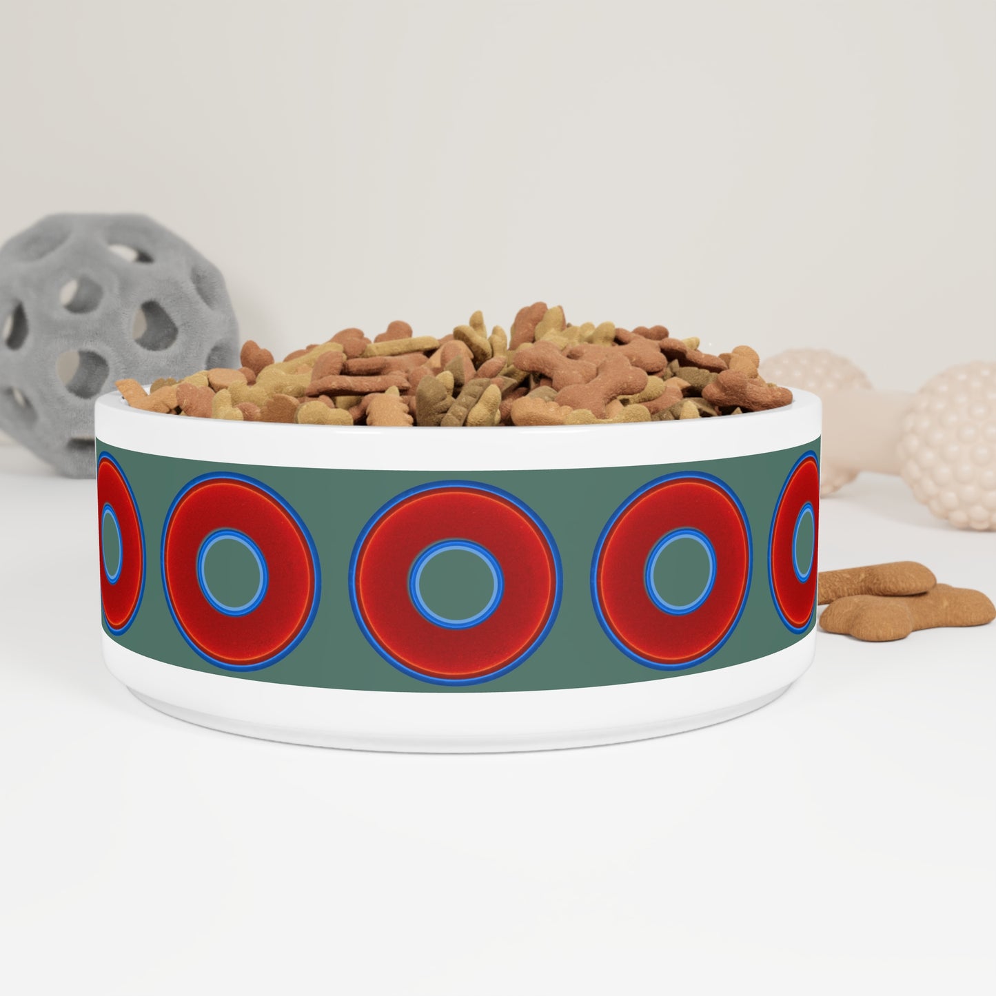 16 oz Lumpy Pet Bowl - vivid red donuts w/Fenway green background
