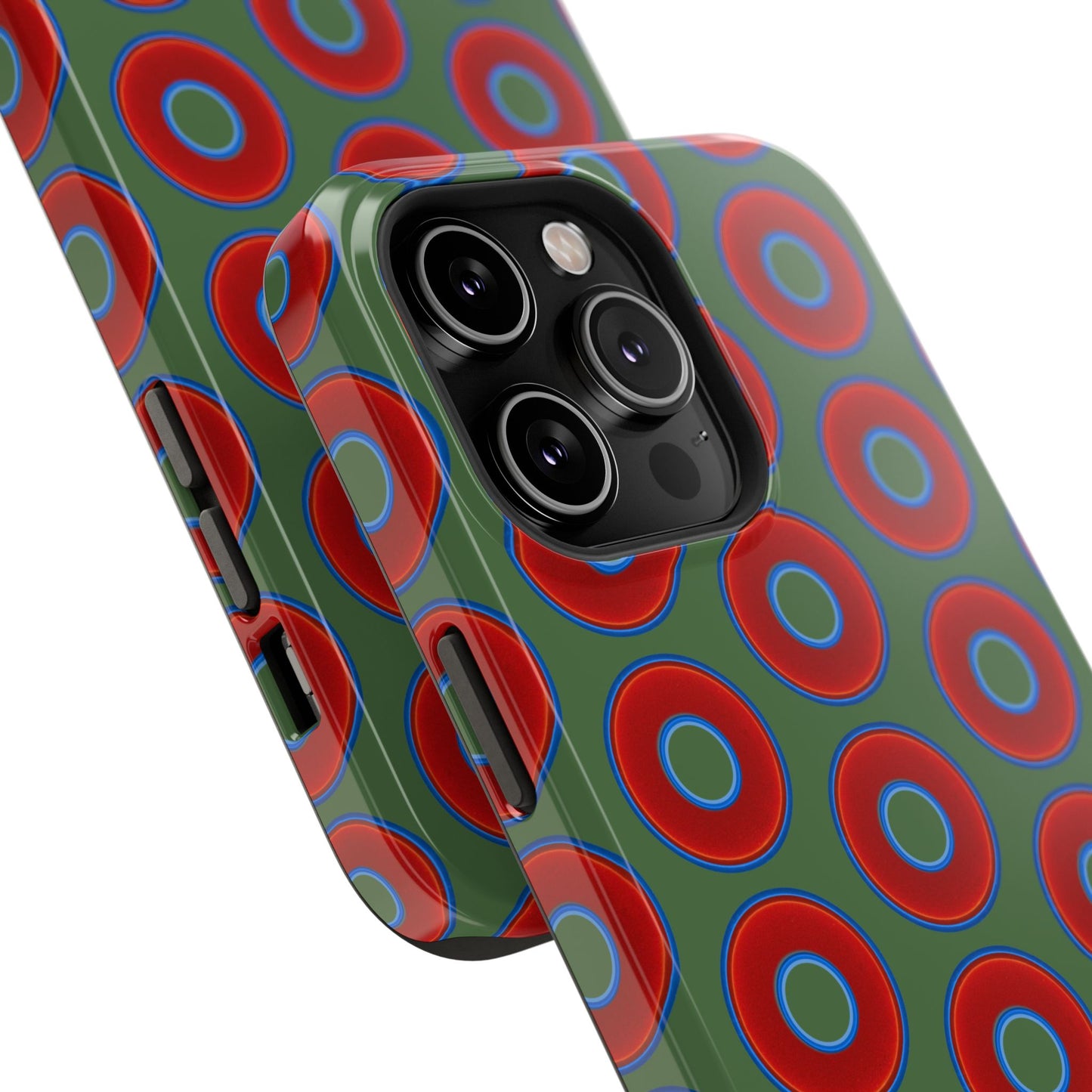 Impact-Resistant Lumpy Donut Case - red vivid donut print w/dark green background