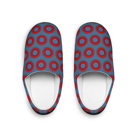 Women's Lumpy Slippers - red vivid donut print w/steel blue background