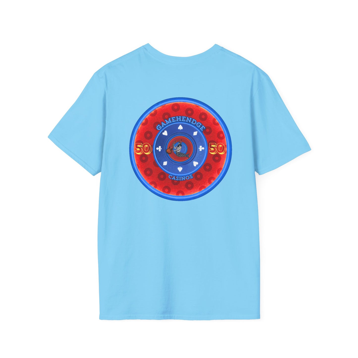 Classic Donut Tee - Unisex Soft-Style - "Phishy Chips" - vivid red/blue widemouthed paradox donut