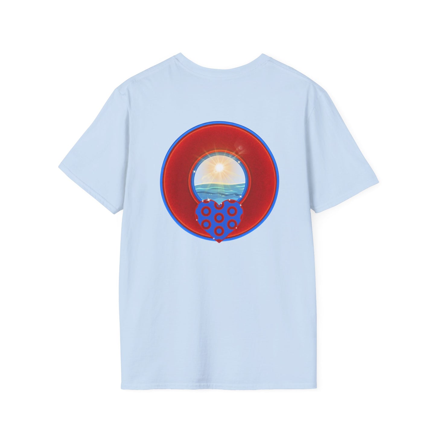 Classic Donut Tee - Unisex Soft-Style - "Ocean Donuts of Love" - vivid red donut - w/sun - variant 2