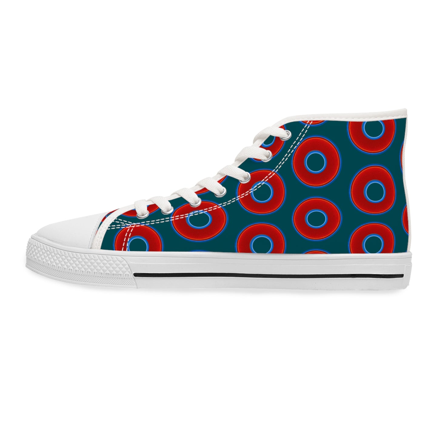 Women's High Top Chuck Taylors - large vivid red donut print w/midnight teal green background