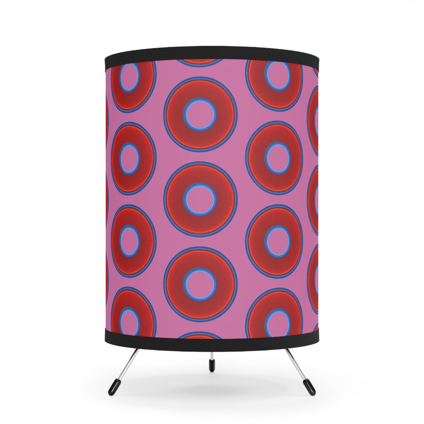 Lumpy Tripod Donut Lamp - vivid red donuts w/pink background