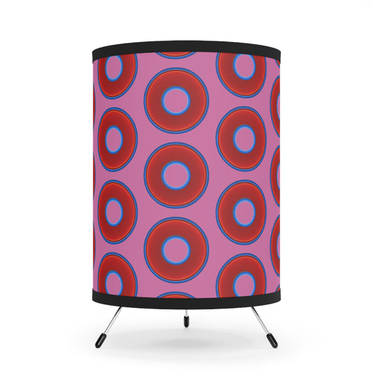 Lumpy Tripod Donut Lamp - vivid red donuts w/pink background
