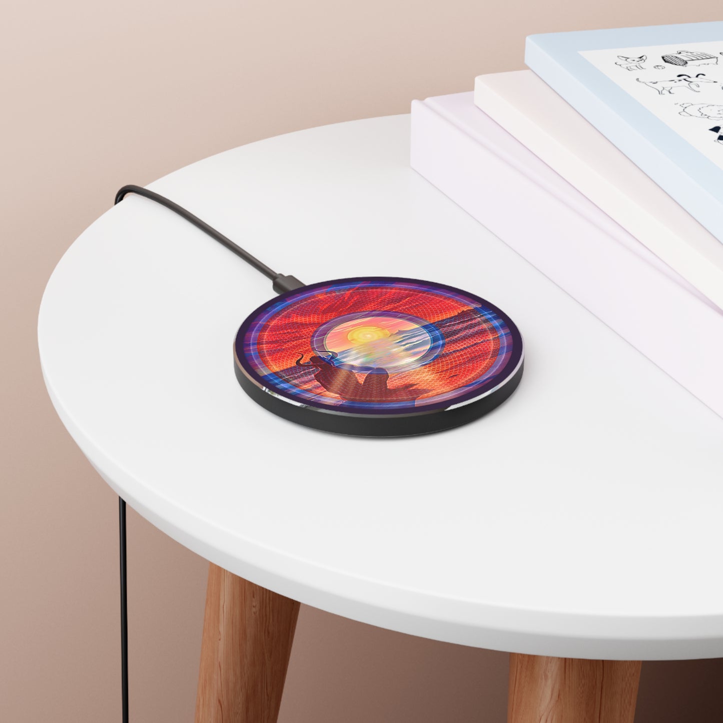 The Flow - Wireless Lumpy Donut Chargers - "Squirming Donut of Wireless Power " - rustic red/blue pic donut w/midnight purple background - variant 2