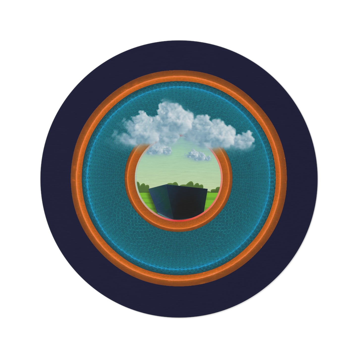 Round Room - 5 ft x 5 ft Lumpy Donut Rug - "Got Rhombus Rug?" - rustic blue/orange donut w/dark navy background - variant 4