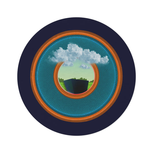 Round Room - 5 ft x 5 ft Lumpy Donut Rug - "Got Rhombus Rug?" - rustic blue/orange donut w/dark navy background - variant 4