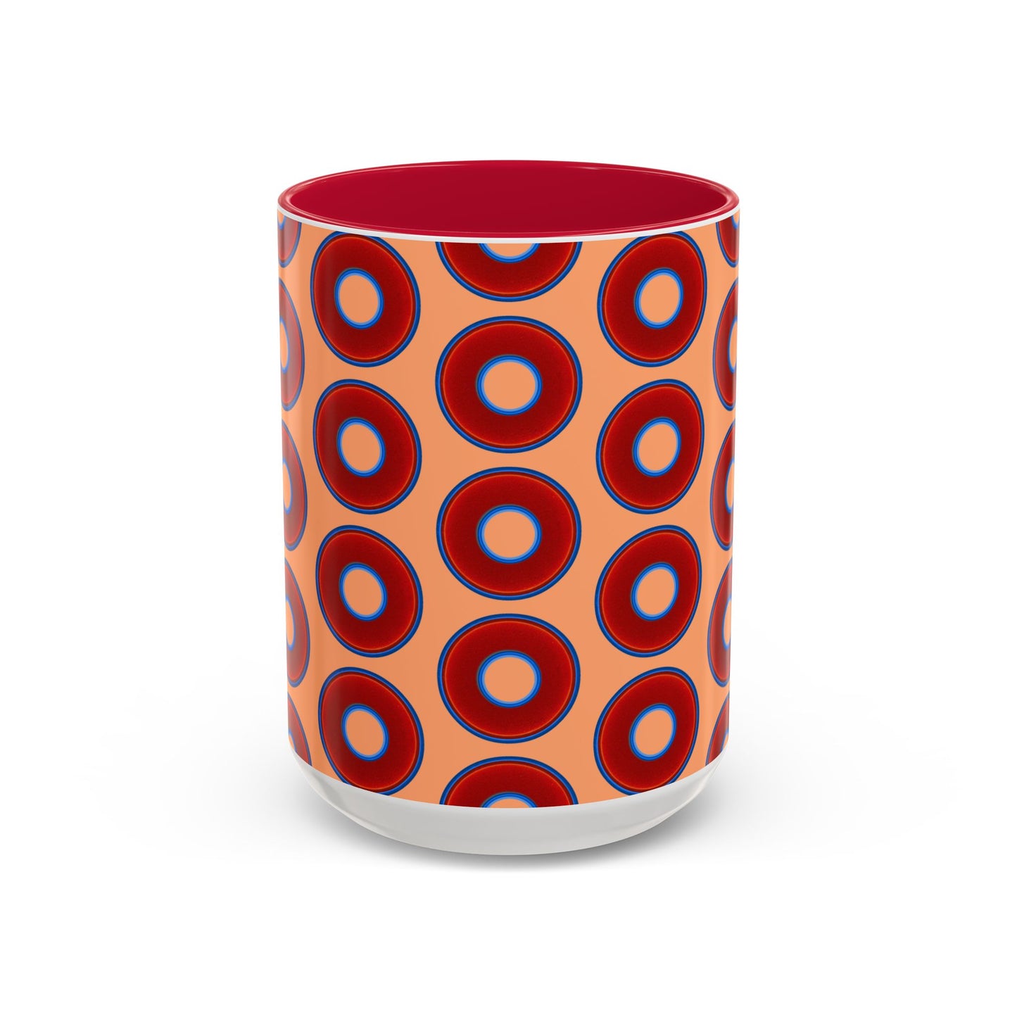 Lump's Grumpy Coffee Mug - vivid red donuts w/peach background