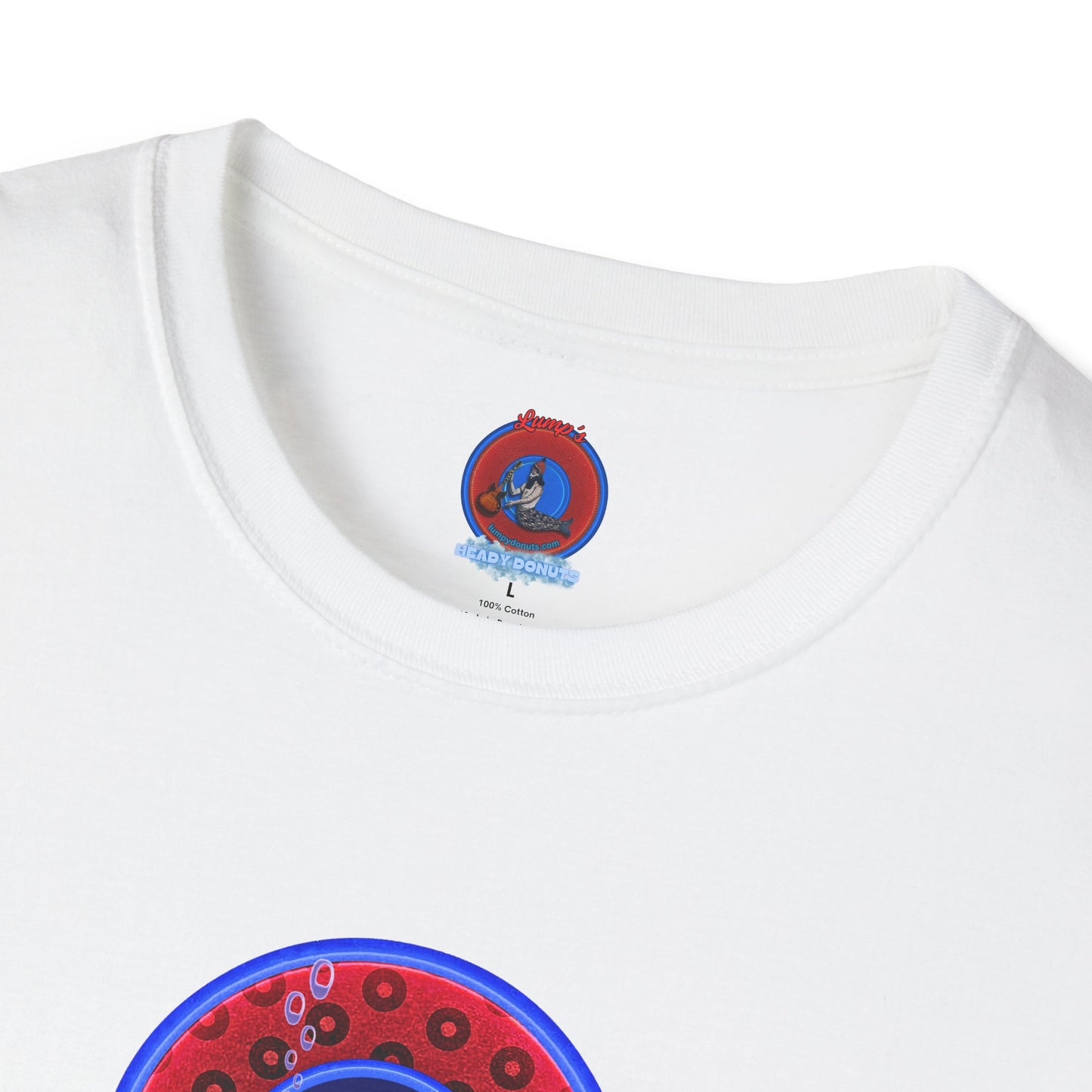Classic Donut Tee - Unisex Soft-Style - "The Cat's Meow Donut' - red/blue paradox widemouthed donut
