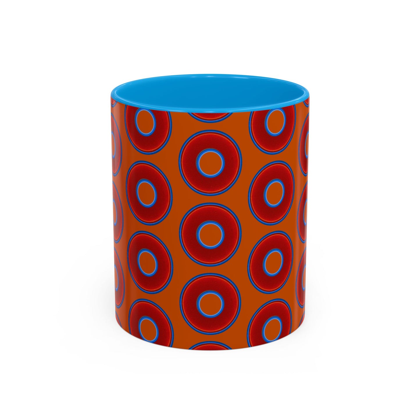 Lump's Grumpy Coffee Mug - vivid red donuts w/dark orange background