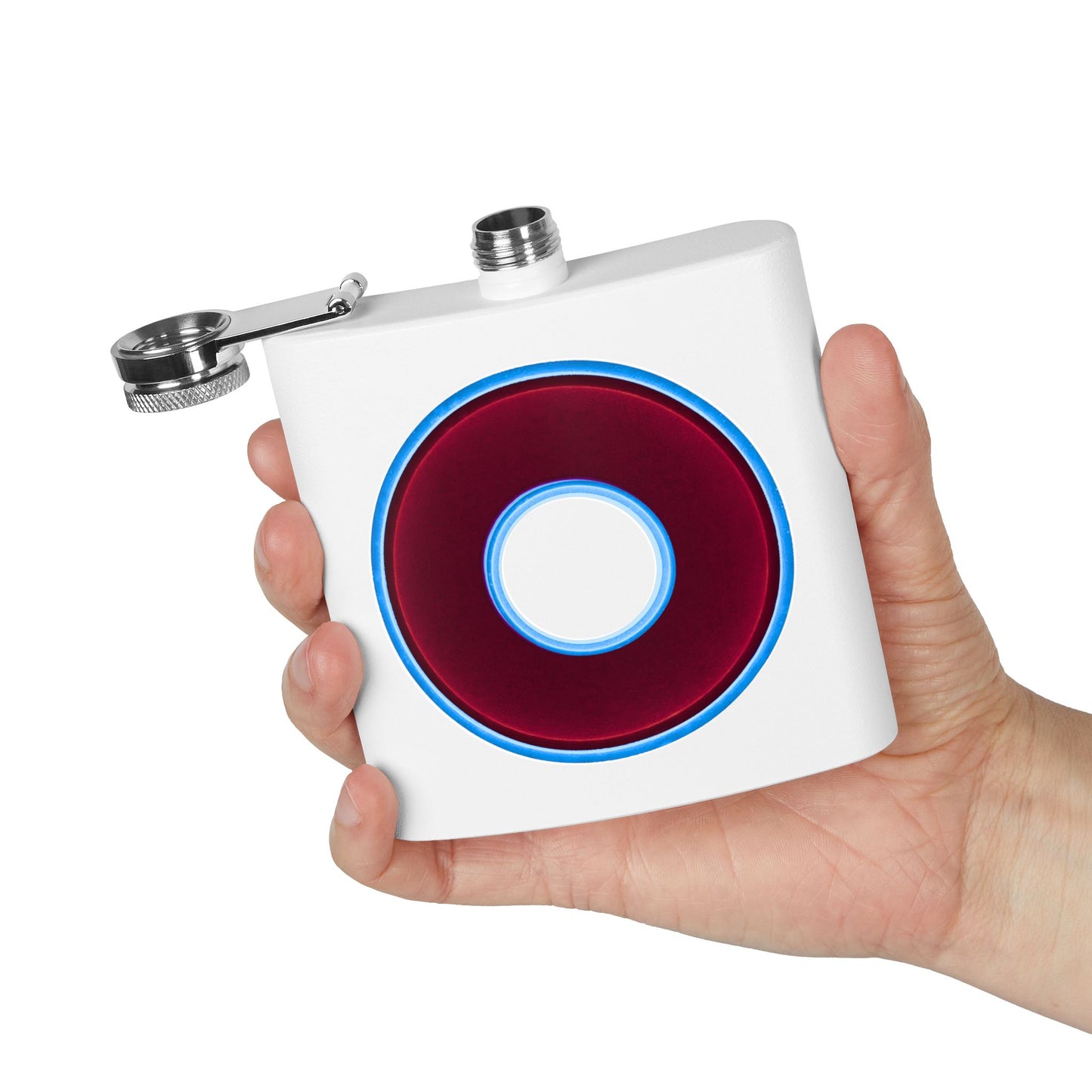 Lump's Donut Flask 6 oz - Vivid burgundy/light blue donut - [*w/your choice of 5 backgrounds]