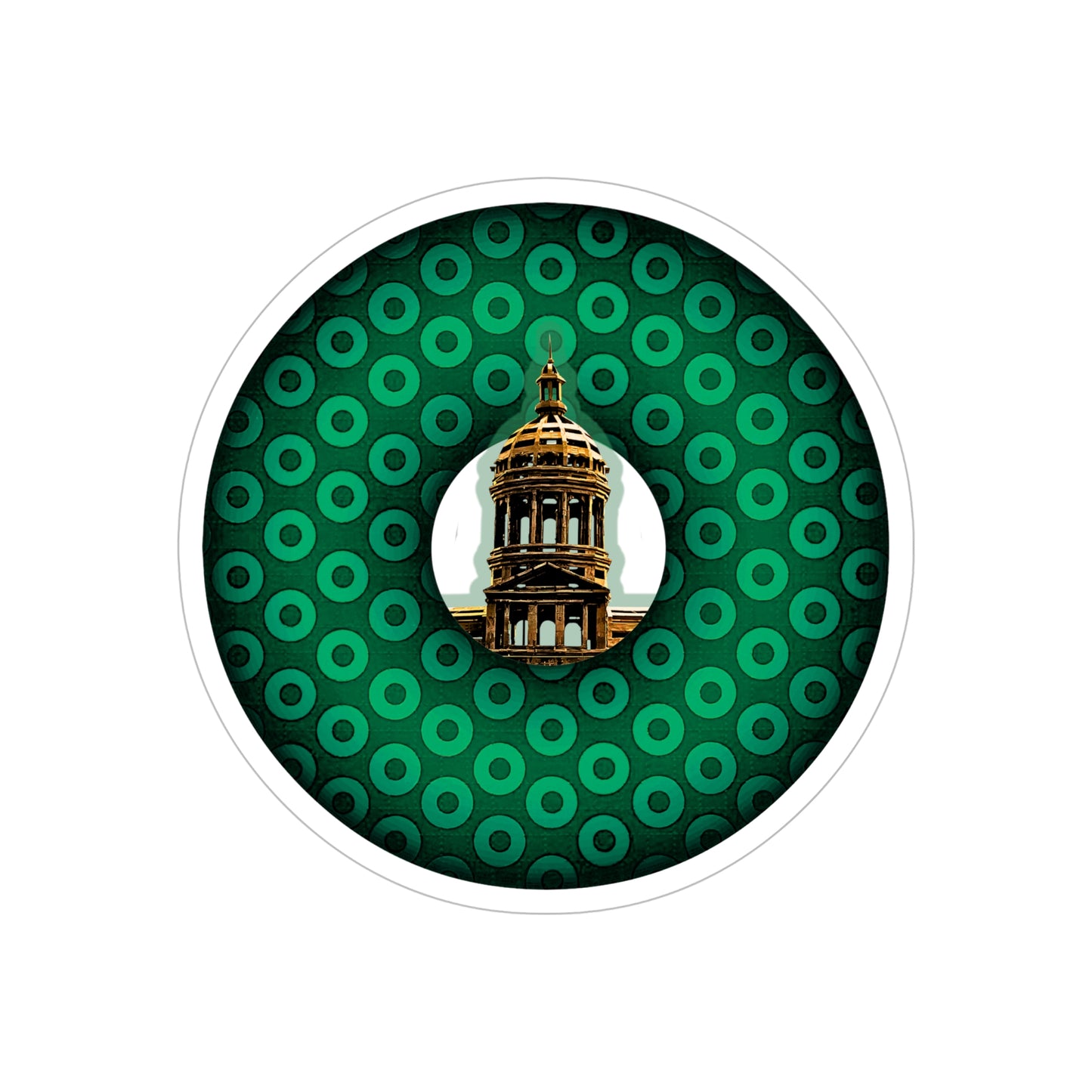Donut Bumper/Outdoor Sticker - "Save the Mondegreen City Hall Clock Tower Donut" - variant 1 - green paradoxical donut - [Die-Cut] 6"x 6"