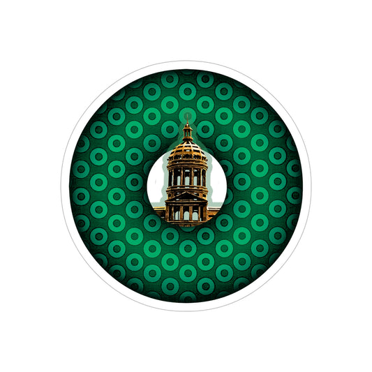 Donut Bumper/Outdoor Sticker - "Save the Mondegreen City Hall Clock Tower Donut" - variant 1 - green paradoxical donut - [Die-Cut] 6"x 6"