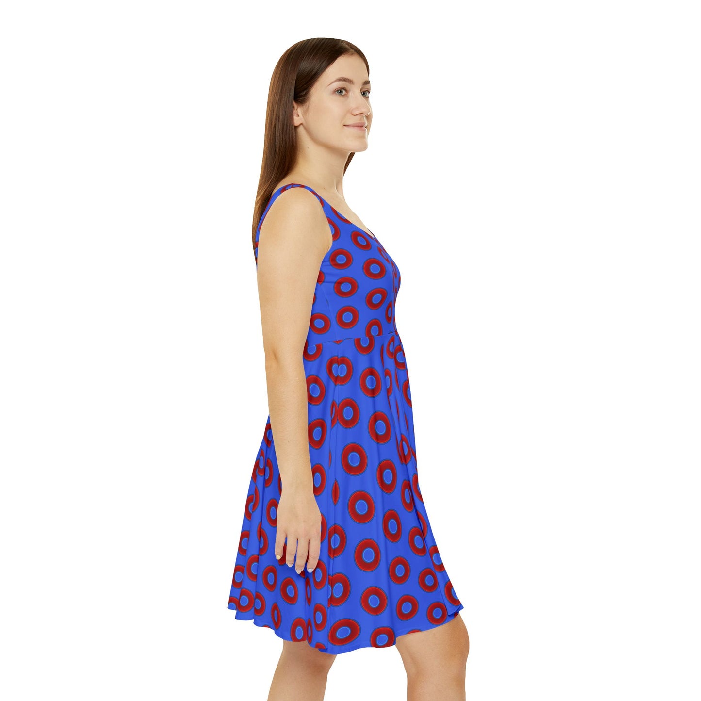 Women's Skater Donut Dress - vivid red donut print w/royal blue background
