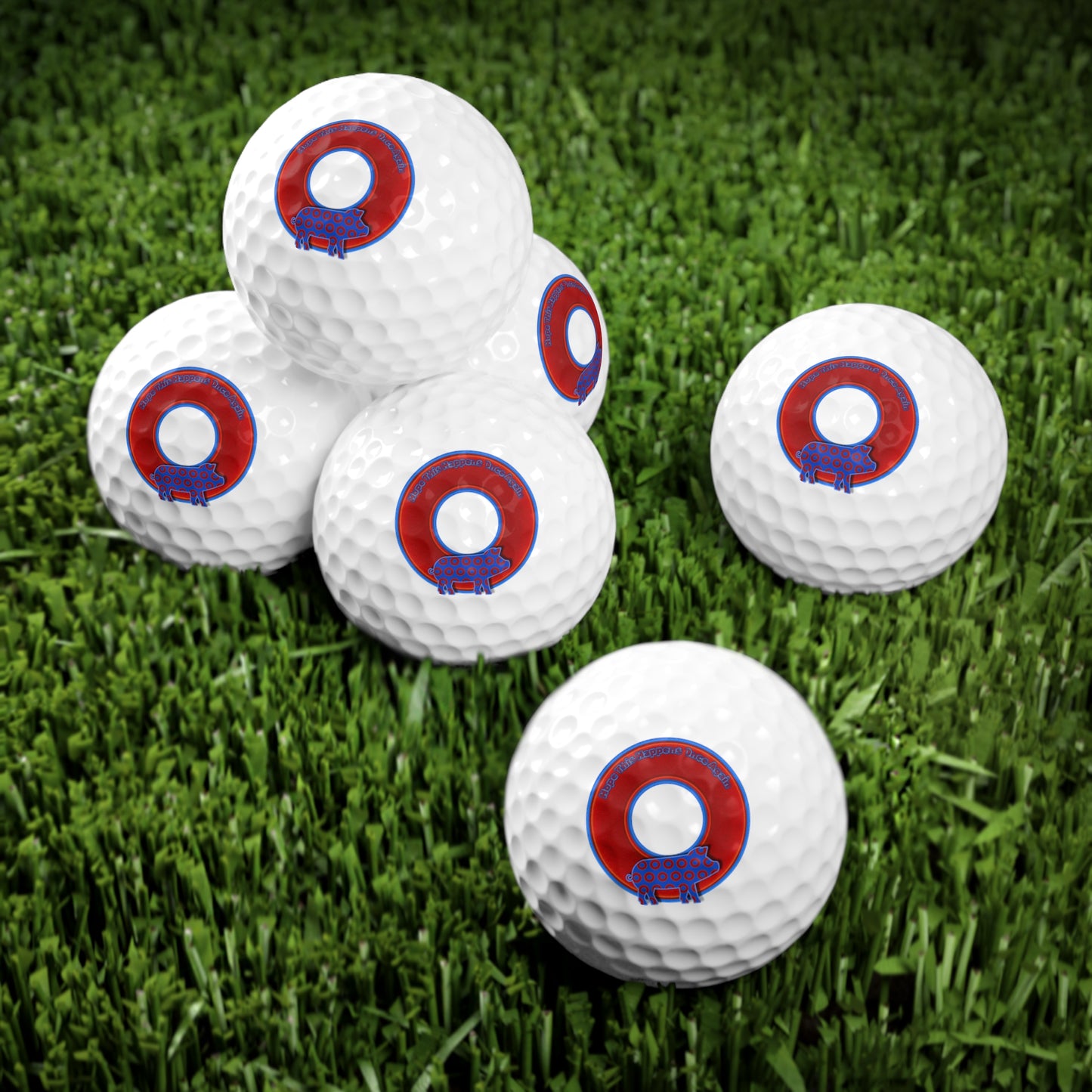 Lumpy Donut Golf Balls - 6-pack - "Guyute's All-Pork [Golf] Balls" - red/blue donut - w/hope - variant 3