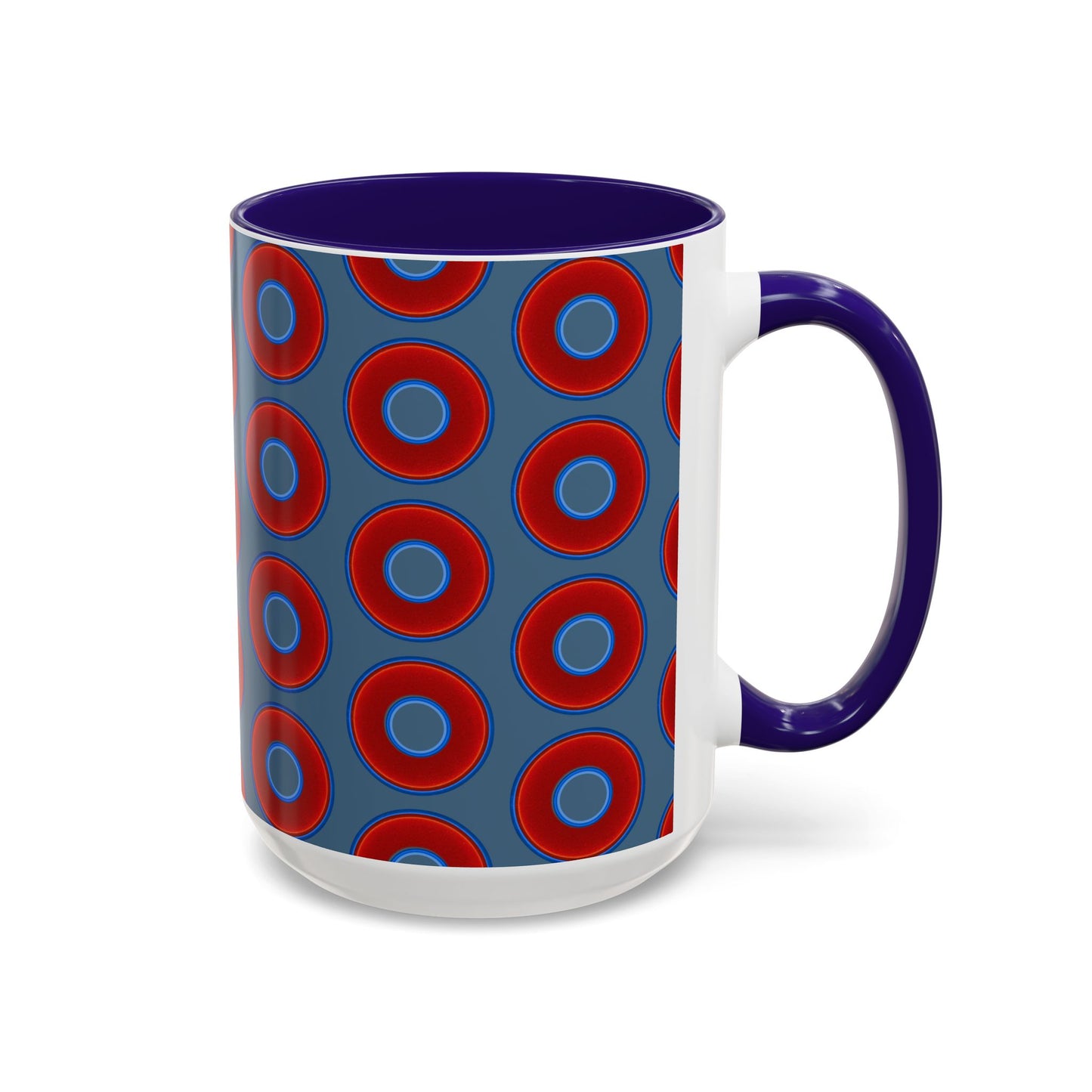 Lump's Grumpy Coffee Mug - vivid red donuts w/steel blue background