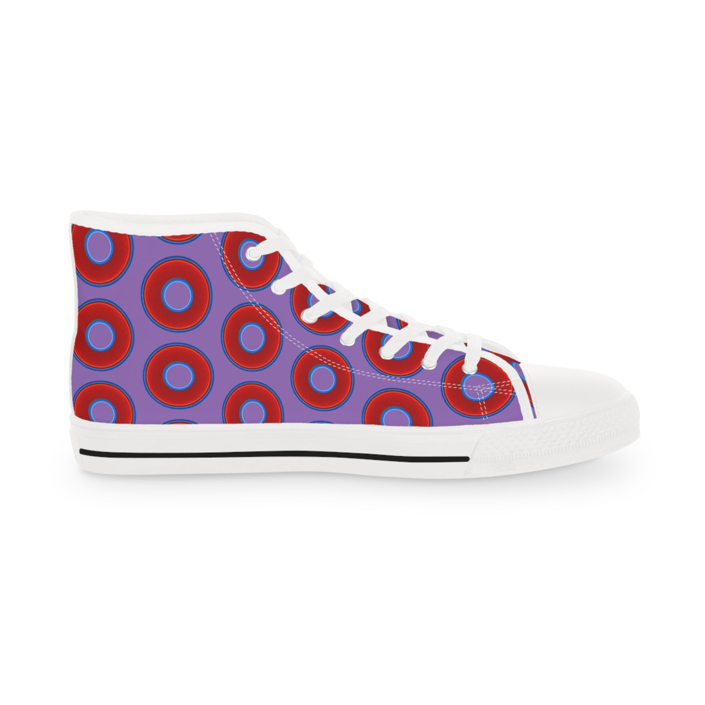Men's High Top Chucks - large vivid red donut print w/light purple background