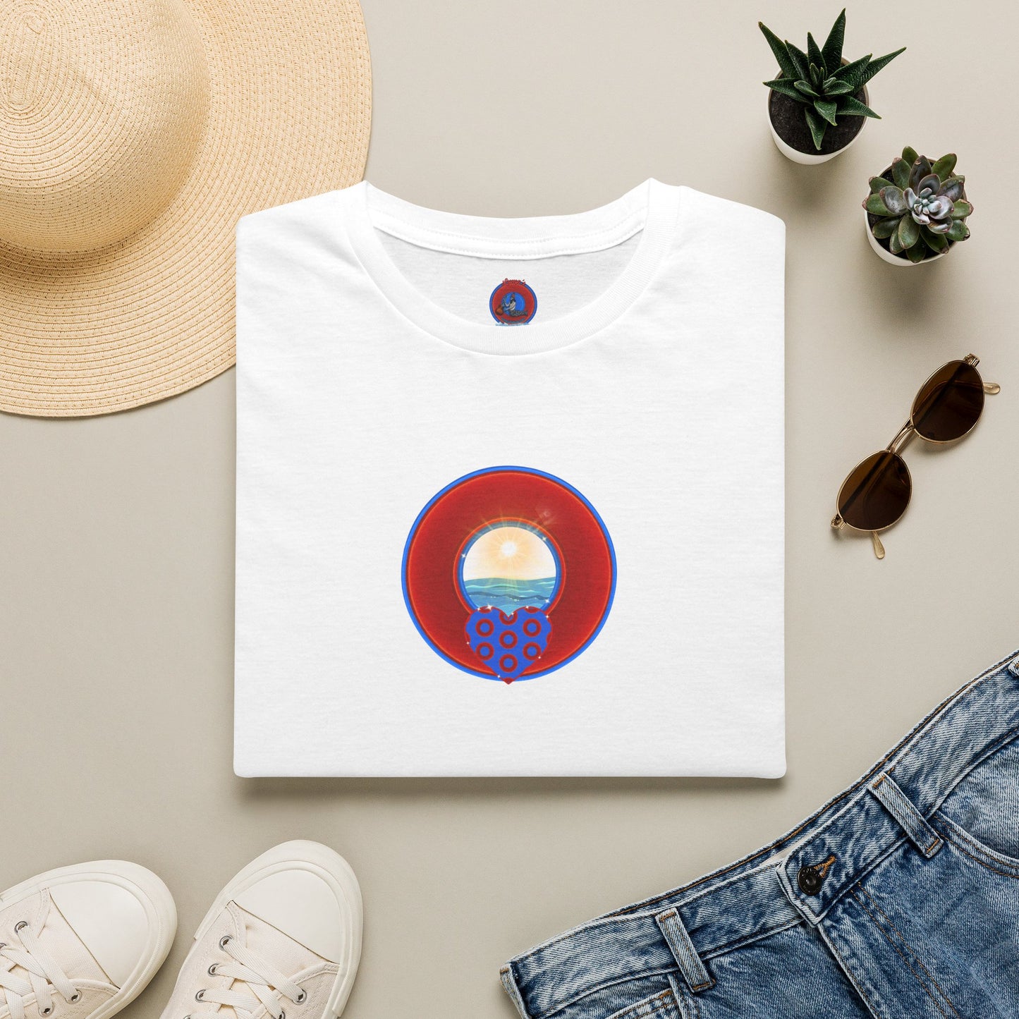 Classic Donut Tee - Unisex Soft-Style - "Ocean Donuts of Love" - vivid red donut - w/sun - variant 2