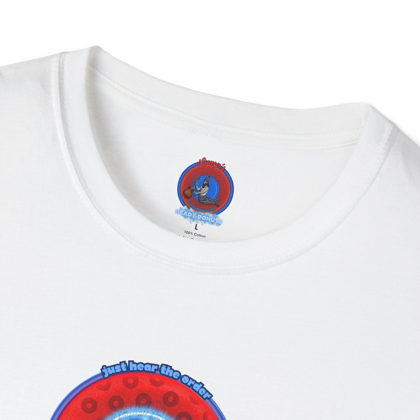 Classic Donut Tee - Unisex Soft-Style - "The Skipper's Donut" - red/blue paradoxical widemouthed donut - variant 1