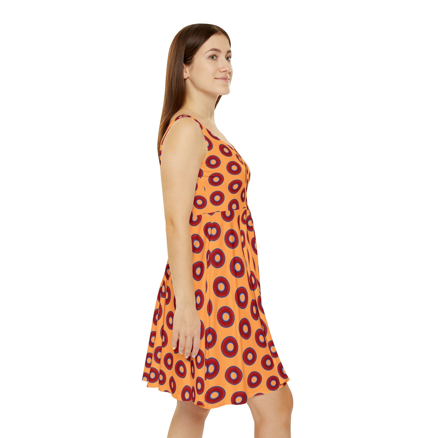 Women's Skater Donut Dress - vivid red donut print w/creamsicle orange background