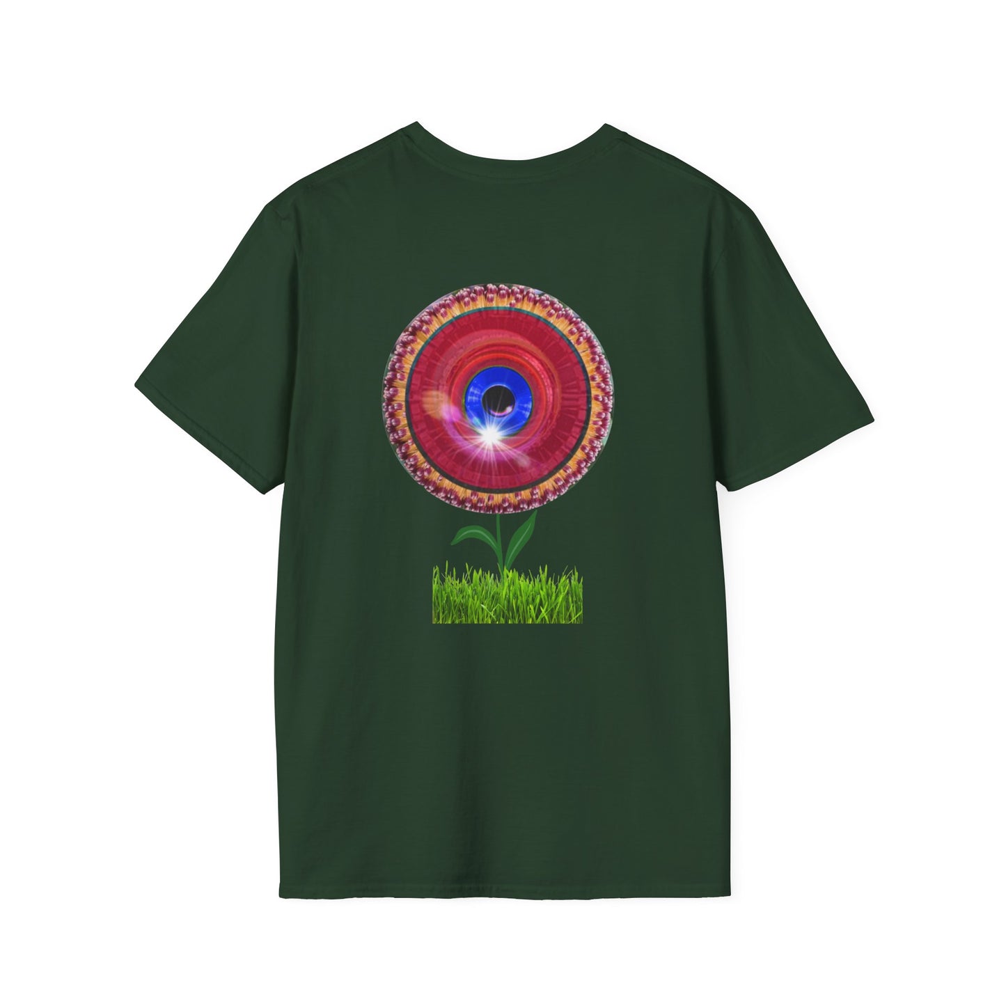 Classic Donut Tee - Unisex Soft-Style - "Smell the Donuts Outside on my Lawn"  " variant 1 - blue donut on red donut/flower
