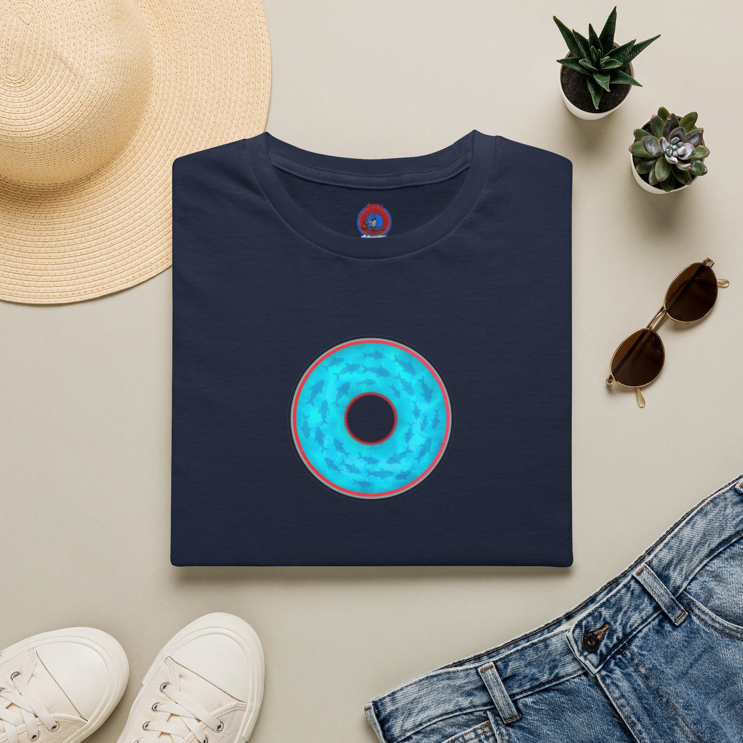 Classic Donut Tee - Unisex Soft-Style - "Skoolie of Phishies" - vivid sea donut - w/light blue water - variant 1