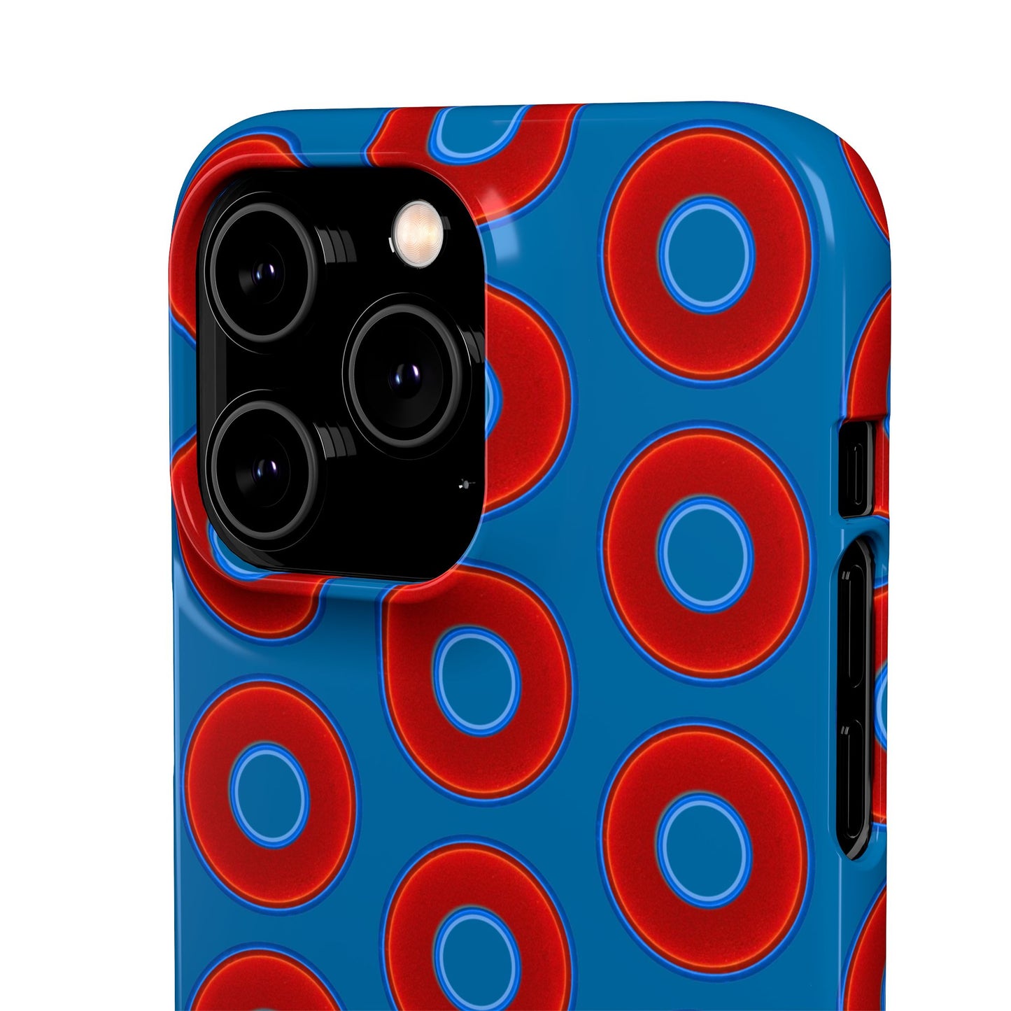 Lumpy Donut Snap Case - red vivid donut print w/wavy navy blue background