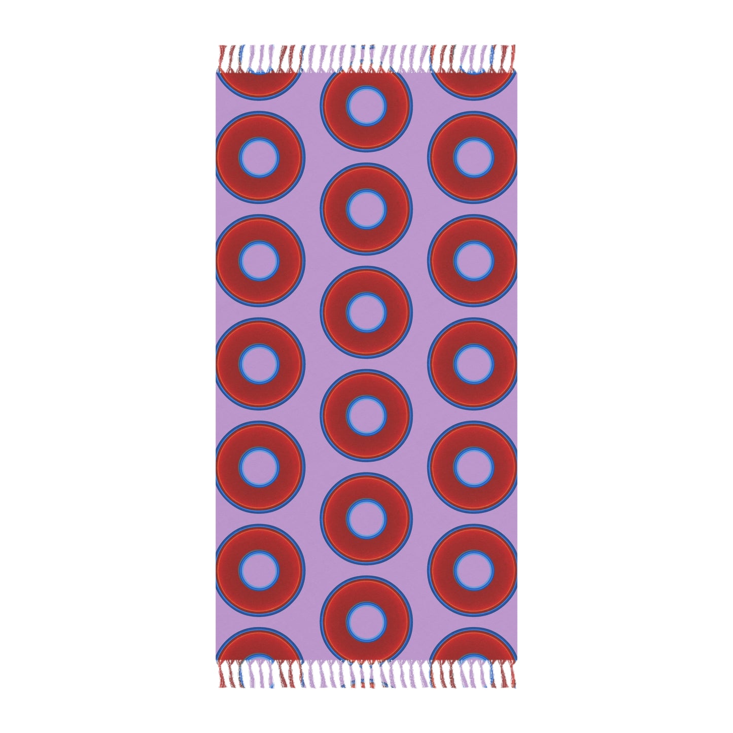 Oversized Lumpy Beach Towel - vivid red donuts w/wisteria purple background