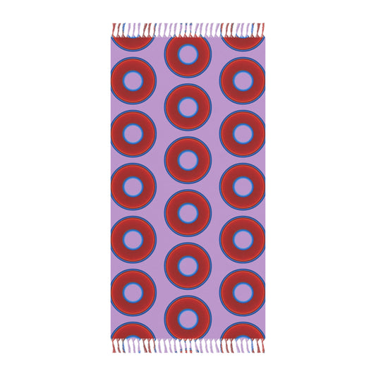 Oversized Lumpy Beach Towel - vivid red donuts w/wisteria purple background