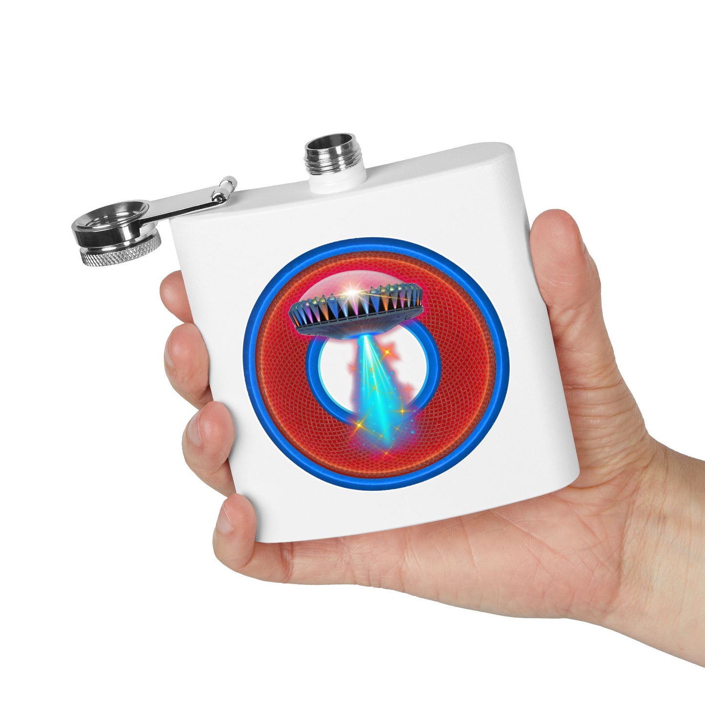 Lump's Donut Flask 6 oz -  "The Mother of All Flasks" - red/blue rustic donut - [*w/your choice of 6 backgrounds]