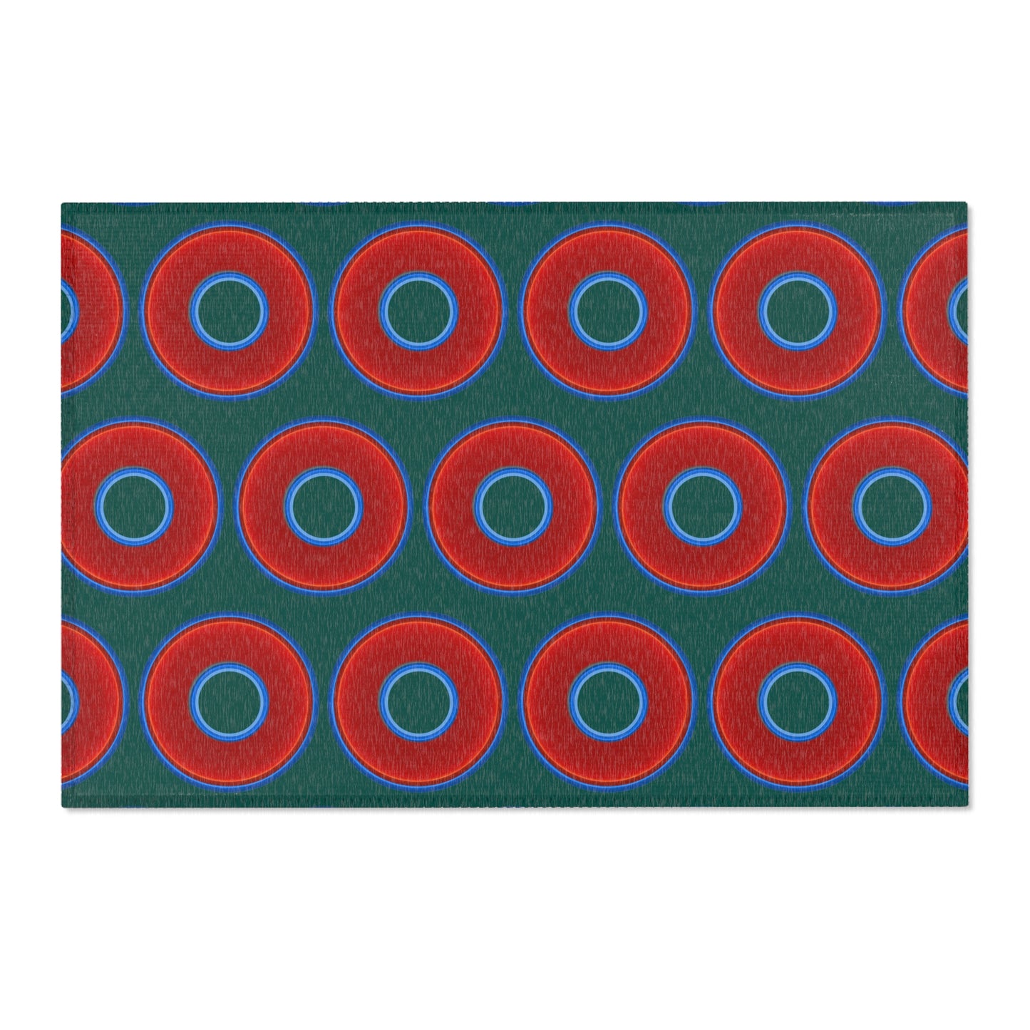Lumpy Donut Print Rug - choice of 3 sizes - vivid red donut print w/dark Fenway green background
