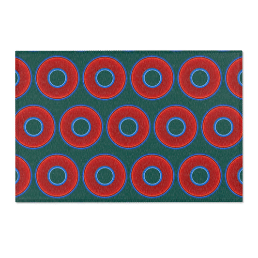 Lumpy Donut Print Rug - choice of 3 sizes - vivid red donut print w/dark Fenway green background