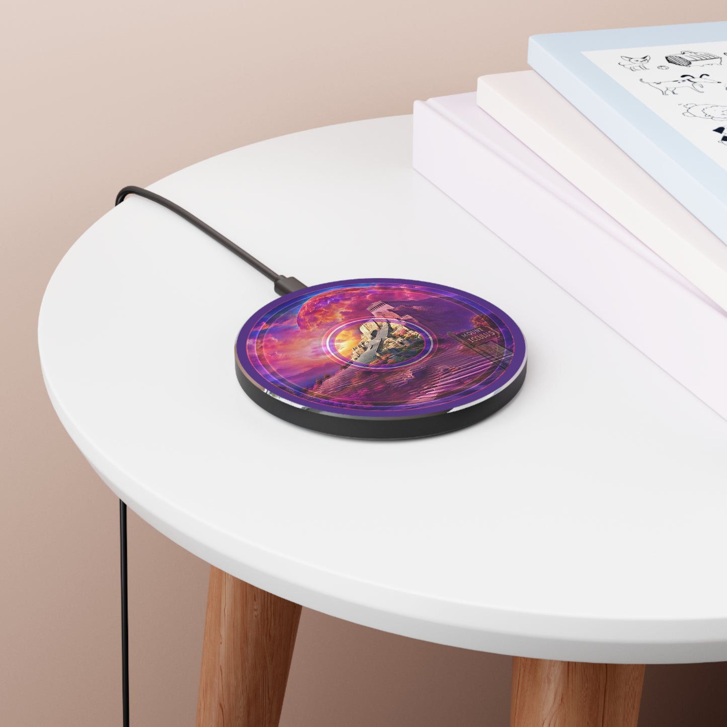 The Flow - Wireless Lumpy Donut Chargers - "Icculus Mountain Fresh Wireless Power" - vivid purple/magenta pic donut w/purple background