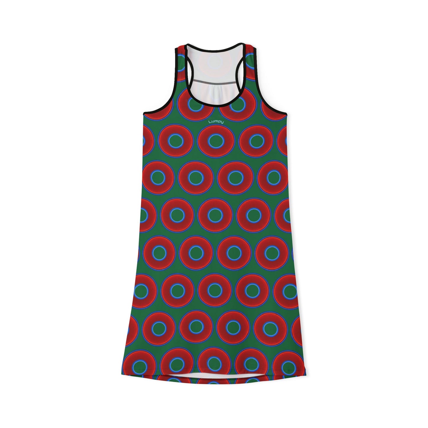 Tela's Lumpy Racerback Donut Dress - red vivid donut print w/green background