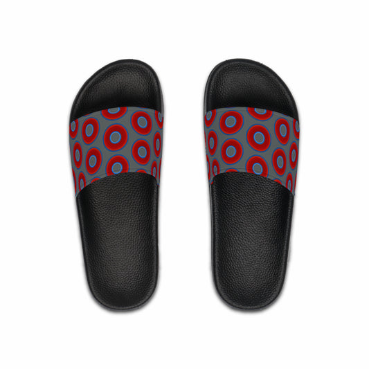 Men's Lumpy Sandals - slip-ons - red vivid donuts w/dark gray background