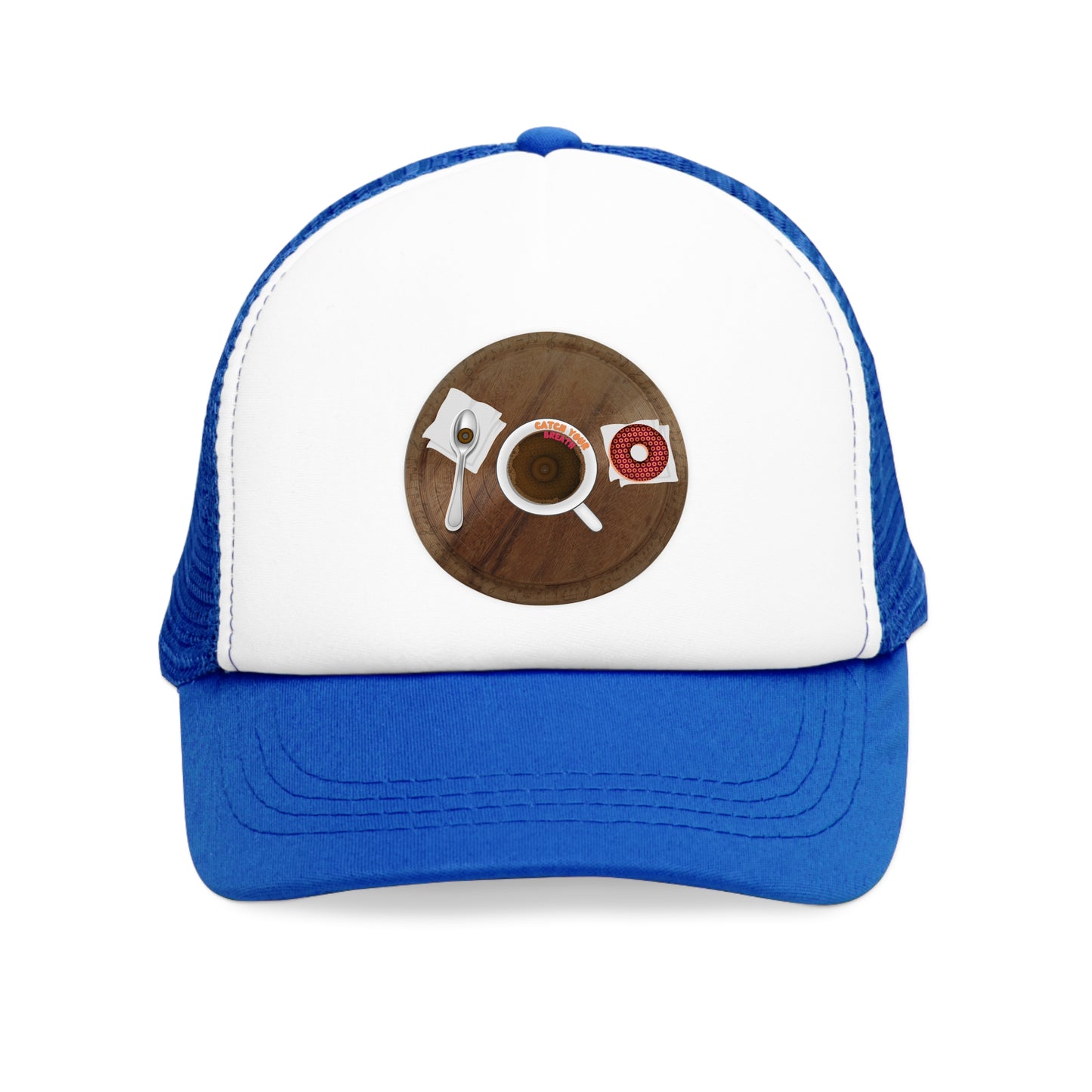 Lumpy Trucker Hat - "Donuts to Start Your Day" - wooden table/coffee cup - donuts in plain sight
