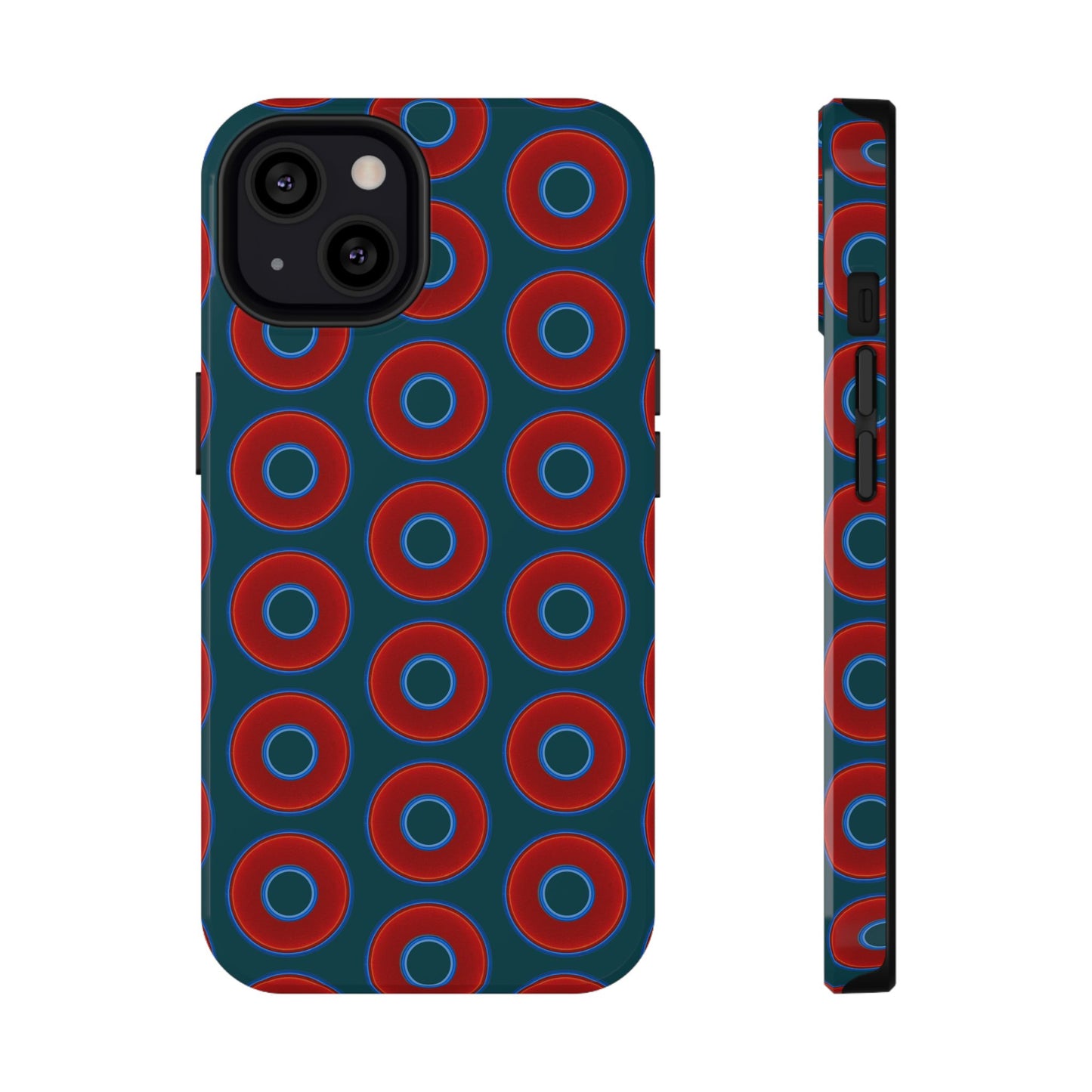 Impact-Resistant Lumpy Donut Case - red vivid donut print w/midnight green background