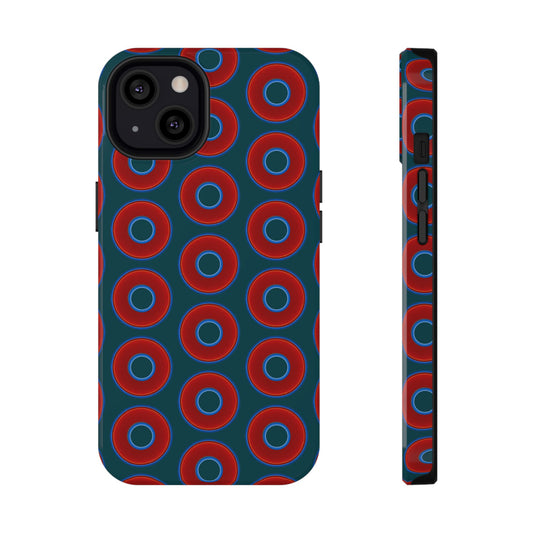 Impact-Resistant Lumpy Donut Case - red vivid donut print w/midnight green background