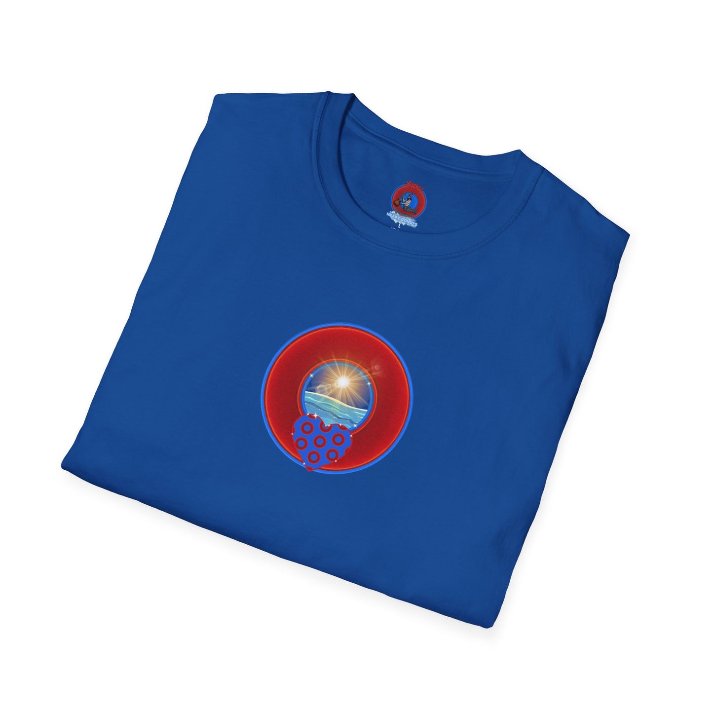 Classic Donut Tee - Unisex Soft-Style - "Ocean Donuts of Love" - vivid red donut - w/sun - variant 2