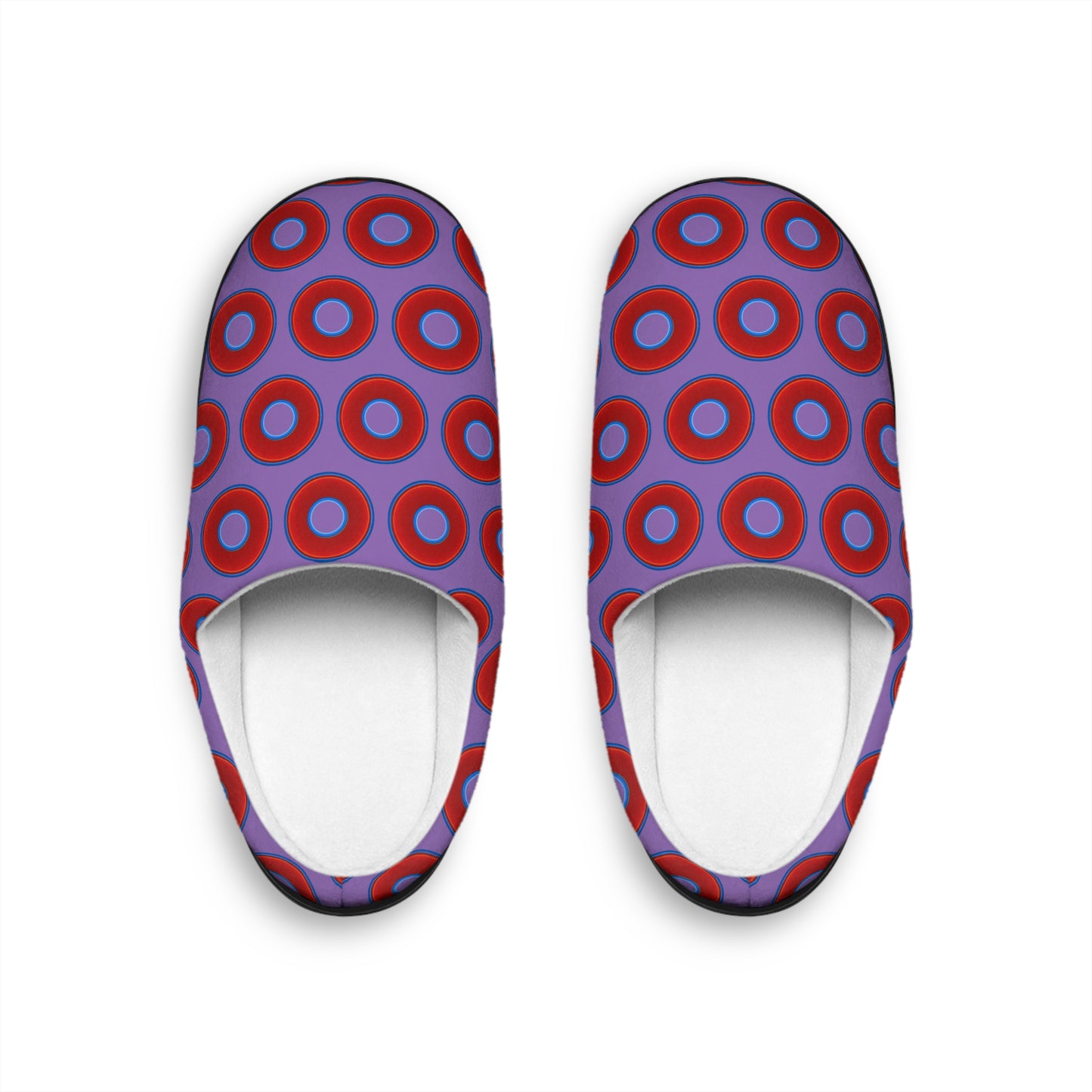 Women's Lumpy Slippers - red vivid donut print w/light purple background