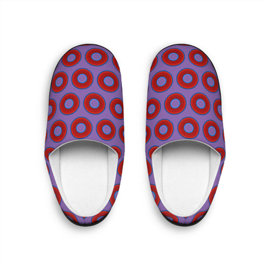 Women's Lumpy Slippers - red vivid donut print w/light purple background