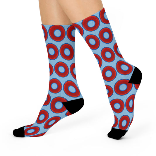 Lumpy Sox - cushioned crew - vivid red donut print w/sky blue background