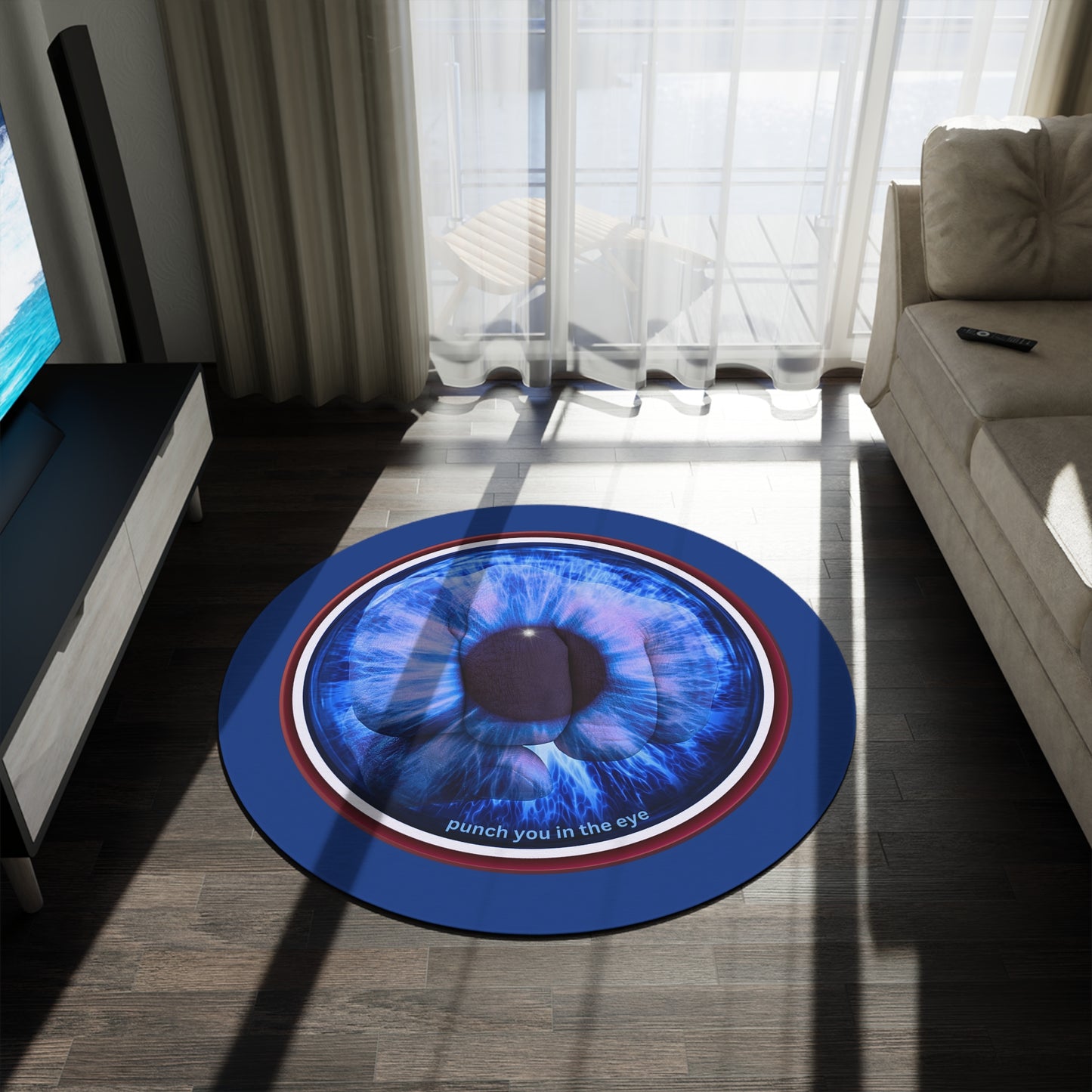 Round Room - 5 ft x 5 ft Lumpy Donut Rug - "Wilson's Eyesore of a Donut Rug" - blue/red idonut w/dark blue background - variant 2