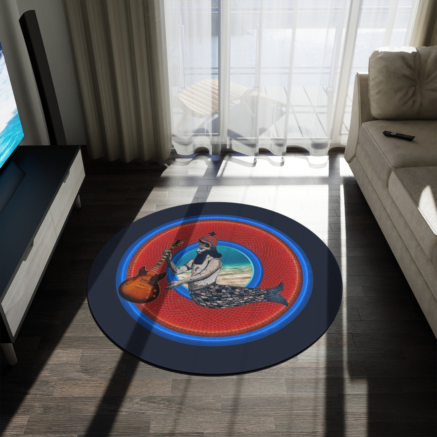 Round Room - 5 ft x 5 ft Lumpy Donut Rug - "Doggone Dagon Donut Rug" - rustic red/blue donut w/navy background - variant 4