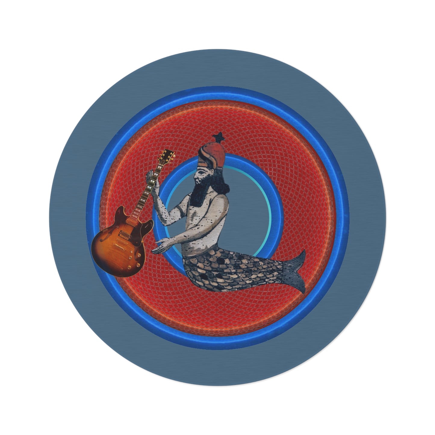 Round Room - 5 ft x 5 ft Lumpy Donut Rug - "Doggone Dagon Donut Rug" - rustic red/blue donut w/steel blue background - variant 1