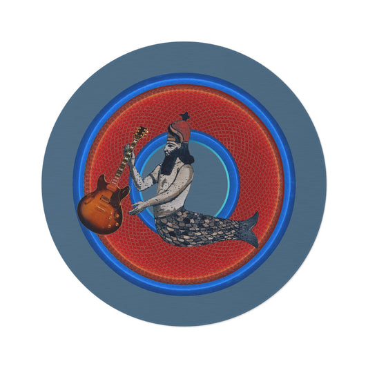 Round Room - 5 ft x 5 ft Lumpy Donut Rug - "Doggone Dagon Donut Rug" - rustic red/blue donut w/steel blue background - variant 1