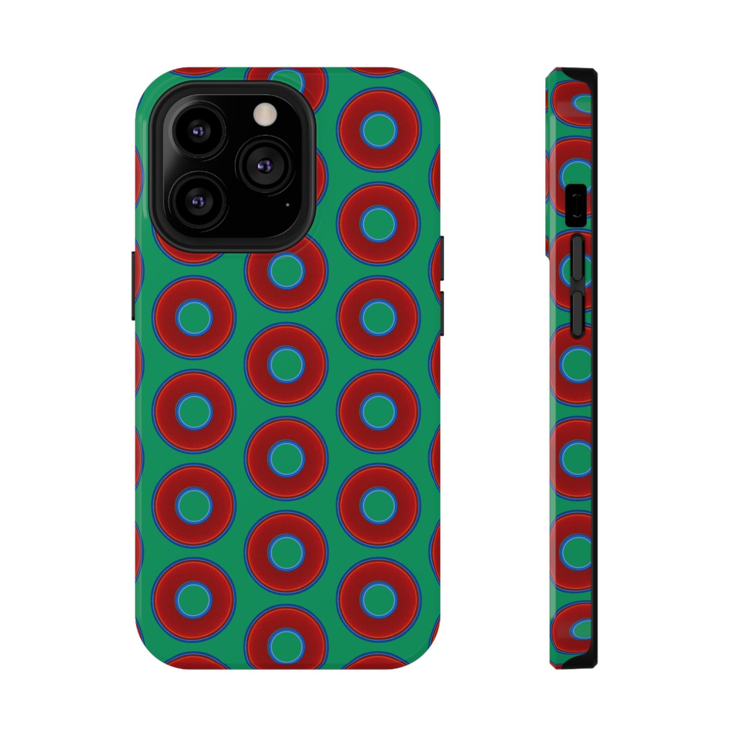 Impact-Resistant Lumpy Donut Case - red vivid donut print w/jade green background